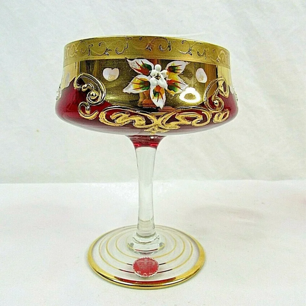 Vintage Bohemian Crystal Ruby Red Wine Glass Floral CAM Stem Set of 2